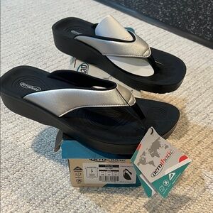 Aerothotic Silver and Black Wedge Thong Sandals